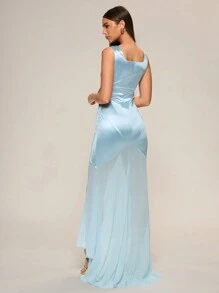 Glamine Light Blue Summer Elegant Dinner Women Maxi Dress,Satin Straps Backless Zip Up Woven Chiffon Splicing Short In Front Long In Back Hem Slim Prom Gown - Blue - View 2