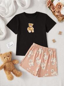 Tween Girls Cute Cartoon Print Pajama Set With Round Neck T-Shirt And Shorts - Black - View 7