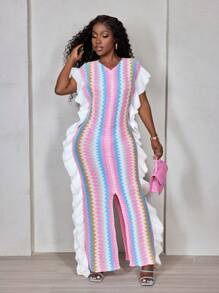 BamGleam Women Striped V-Neck Ruffle Patchwork Slim Sweater Dress - Multicolor - View 6