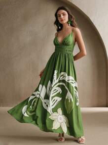 Anewsta Vestido sin mangas con escote en V y cintura ceñida con estampado floral, para festivales, vacaciones, atuendos elegantes para mujer, primavera/verano