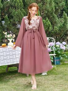 SHEIN Teen Girl Elegant Patchwork Long Dress - Rusty Rose - View 4