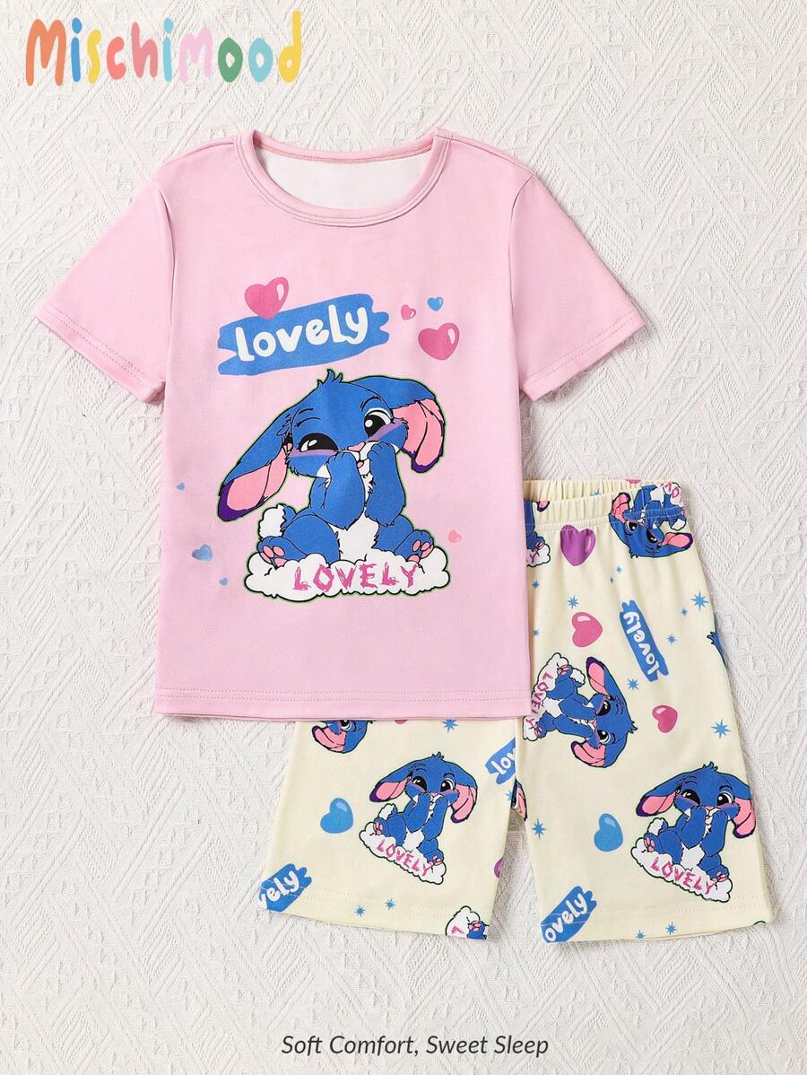 2 件装 少女可爱垂耳蓝兔图案印花紧身衣上衣和短裤睡衣套装 - 彩色 - 查看 1