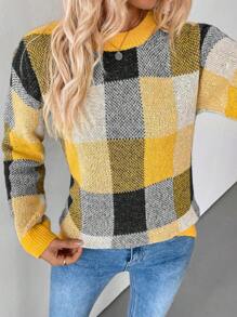 SHEIN LUNE Women's Plaid Drop Shoulder Long Sleeve Casual Pullover Sweater, Autumn/Winter