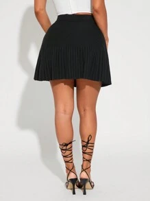 SHEIN SXY A-Line Pleated Sexy Elastic Waist Knit Mini Skirt - Black - View 2