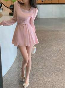 DAZY 女式短款圆领长袖粉色迷你连衣裙，春夏秋季太阳裙