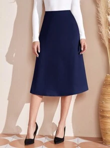 EMERY ROSE Women Plain Solid Color Minimalist Casual Everyday A-Line Skirt - Blue - View 1