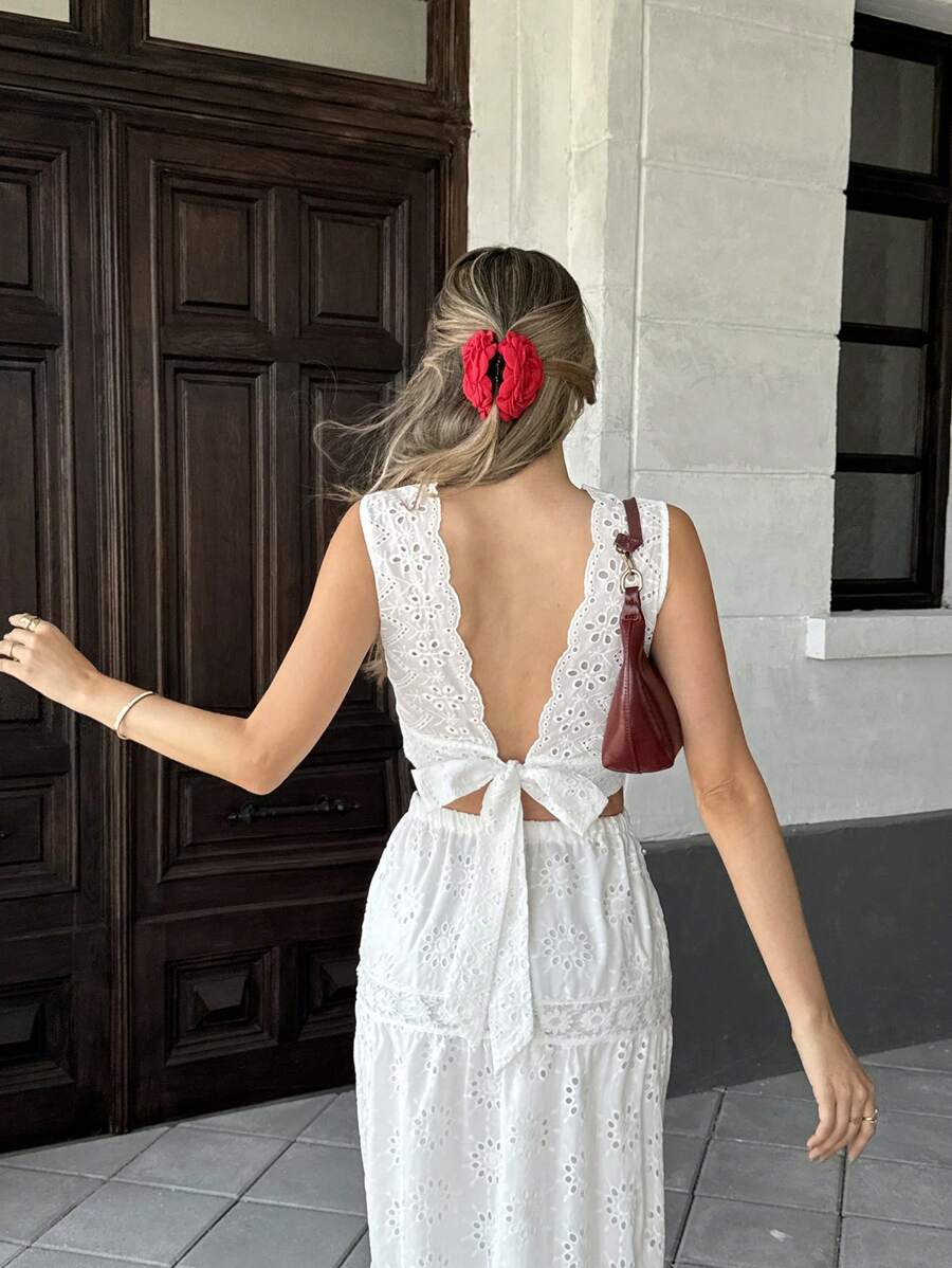 Chiquease Débardeur sexy à nœud papillon et dos ouvert brodé pour femmes - Blanc - Voir 1