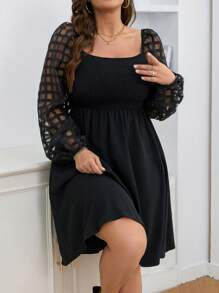 SHEIN Clasi Plus Size Women Plaid Mesh Lantern Sleeve Patchwork Mini Dress - Black - View 5
