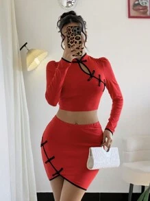 Chiquease Conjunto de 2 piezas con adorno de botones de estilo chino para mujeres, atuendo de Año Nuevo