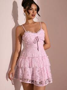 SHEIN BAE Spring & Summer Solid Light Pink Lace Trim Camisole, Fitted Camisole For Valentine's Day Dress, Date Dress, Pink Dress, Lace Dress, Bridesmaid Mini Dress, Birthday Dress, Back To School Dress