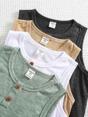 SHEIN 4pcs Baby Boy Summer Casual All-Match Solid Color Knit Vest Set, Versatile Tank Top For Baby Boy