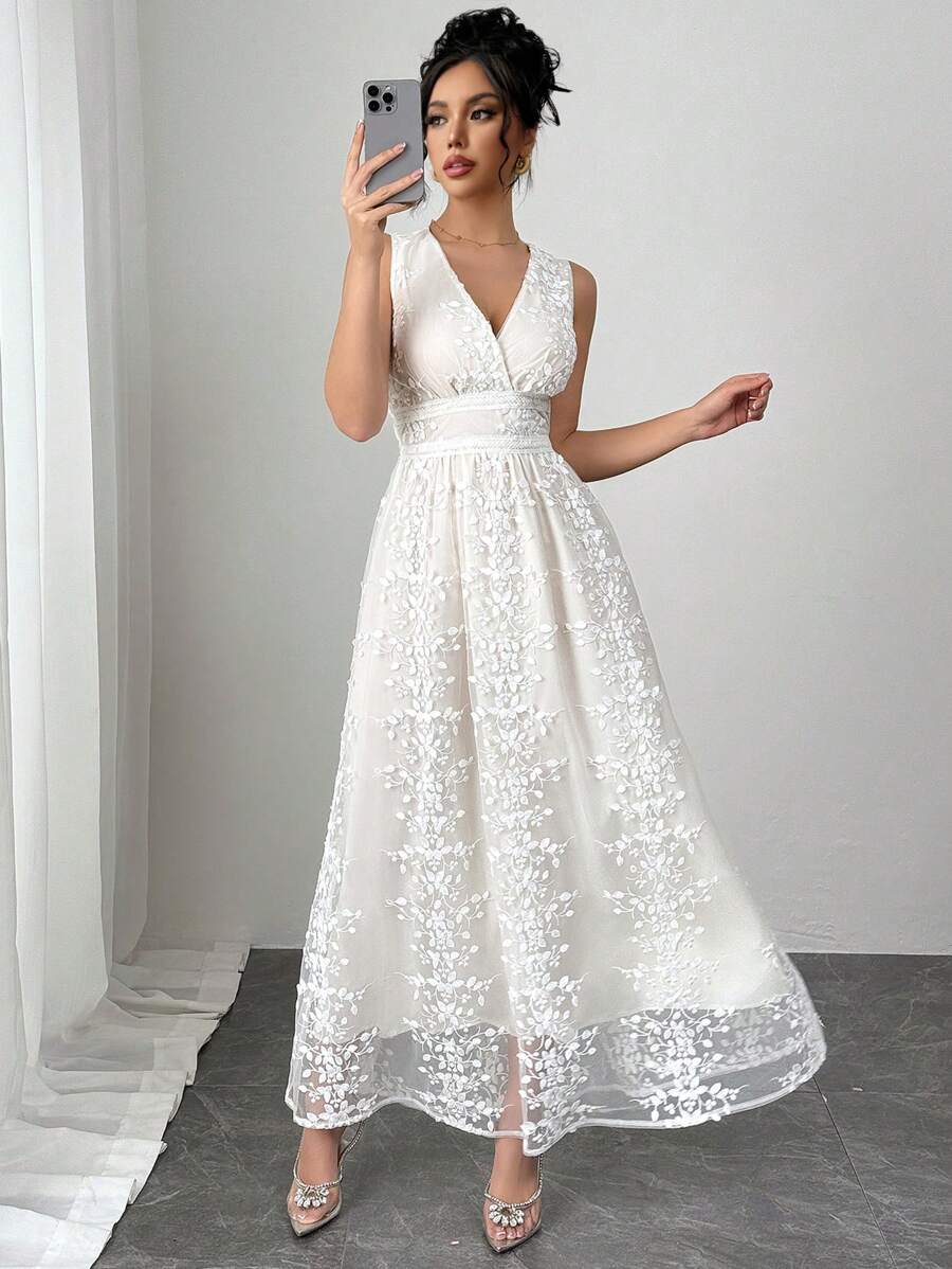 Rafferiza 优雅女士蕾丝花朵无袖拼布荷叶边下摆中长连衣裙