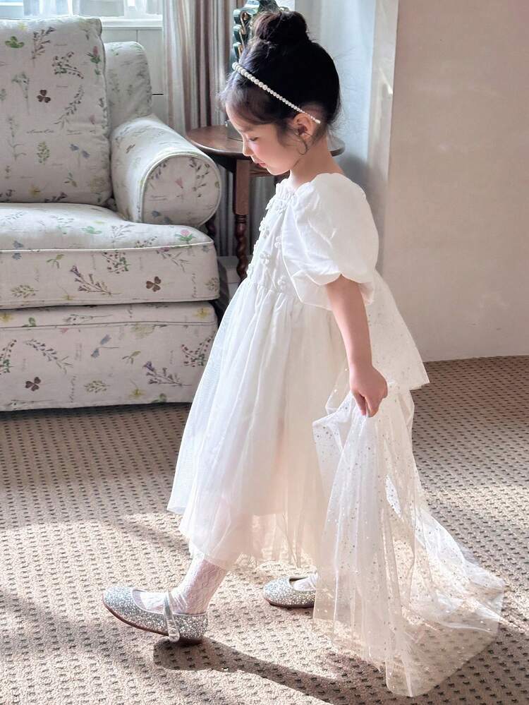 Young Girl Elegant Solid Color Mesh Patchwork Tail Dress,Girls Summer Outfits