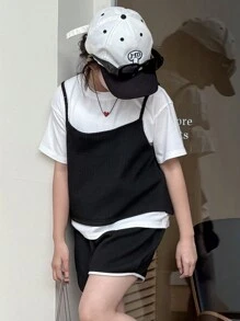 DAZY Tween Girl Contrast Color 2 In 1 Short Sleeve Top And Shorts Casual Set - Black and White - View 1
