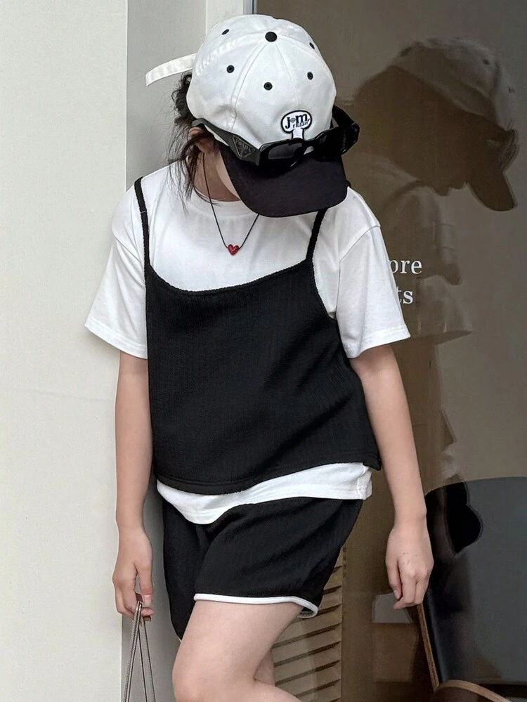 Tween Girl Contrast Color 2 In 1 Short Sleeve Top And Shorts Casual Set