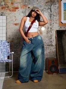 SHEIN ICON Plus Size Women's Pocket Design Wide Leg Loose Casual Denim Jeans - Navy Blue - View 7
