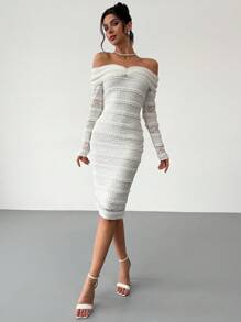 Firerie 女士优雅简约浪漫精致魅力时尚 Ins 风格露肩蕾丝纹理面料长袖紧身白色鸡尾酒礼服适合情人节、约会、日常、派对、秋冬/春季