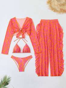 SHEIN Swim 2025 年情人节夏季新款女士系带比基尼泳装套装，印花罩衫和裤子，4 件套 - 彩色 - 查看 1