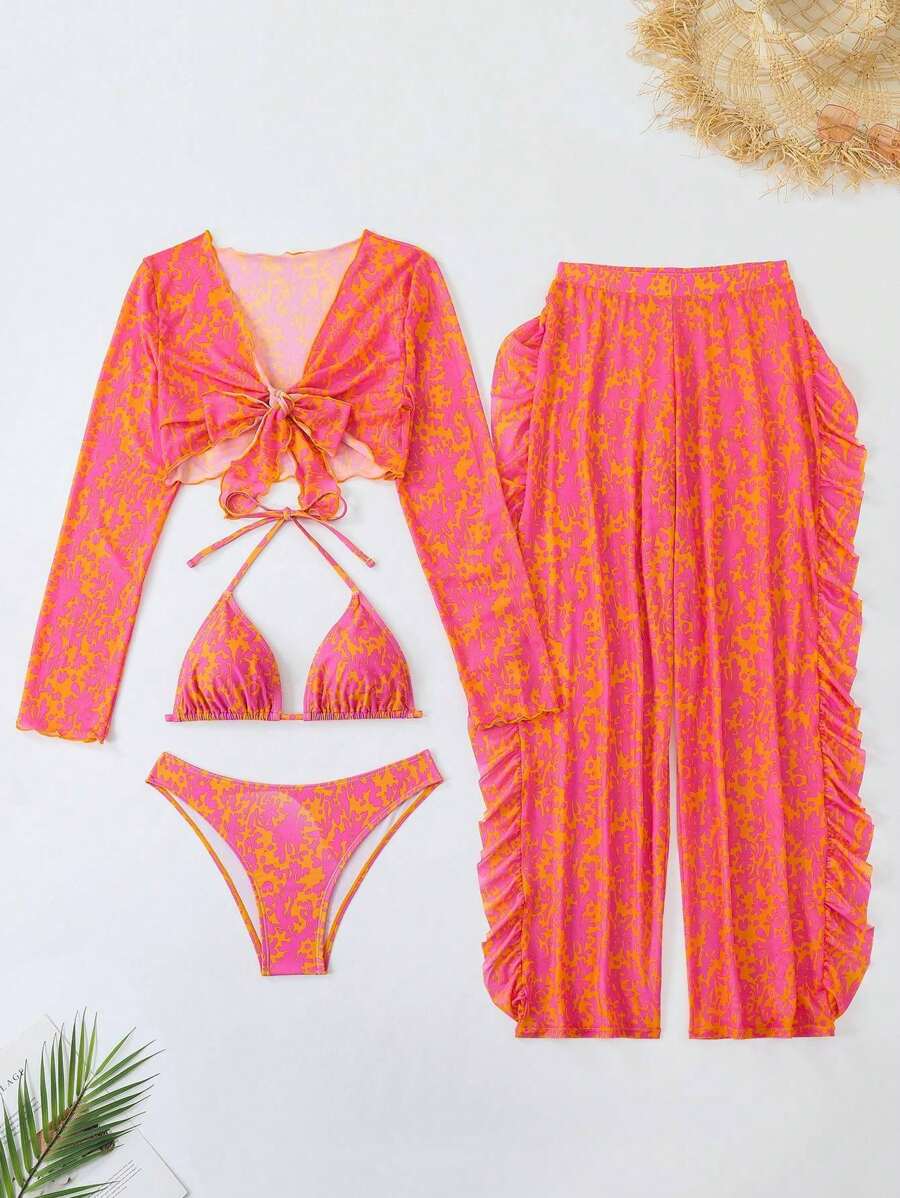 SHEIN Swim 2025 年情人节夏季新款女士系带比基尼泳装套装，印花罩衫和裤子，4 件套 - 彩色 - 查看 1