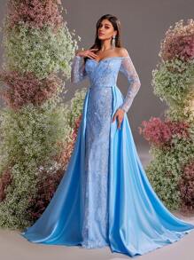 Glamrae Elegant Light Blue Luxury Sequined Embroidered Off Shoulder Sheer Long Sleeve Mermaid Gown, Wedding Guest Dress With Side High Slit & Detachable Train, For Formal Evening, Party Dress - Baby Blue - View 5