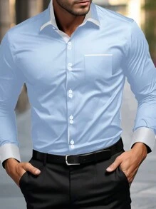 Manfinity Mode Men's Fashionable Color Block Long Sleeve Shirt, Autumn, For Fall