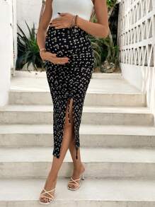 SHEIN Maternity Ditsy Print Ruched Side Split Skirt - Black - View 3