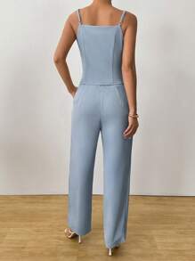 SHEIN Clasi Women Summer Office Lady Elegant Chic Haze Blue Camisole + Haze Blue Straight Leg Suit Pants - Blue - View 2