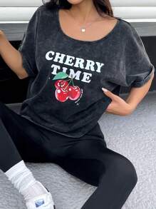 SHEIN EZwear T-shirts femme à lavage nostalgique avec cerises d'été - Noir - Voir 4