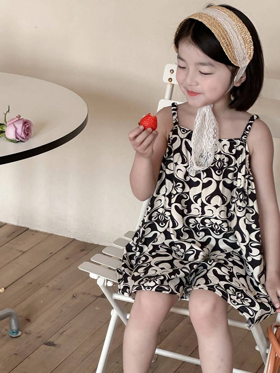 DAZY 年轻女孩全身印花吊带连体裤，休闲假日风格花卉 - 黑與白 - 查看 1