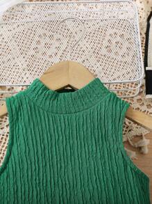 2pcs/Set Young Girl Plain Round Neck Side Split Hem Top & Shorts Set - Green - View 5