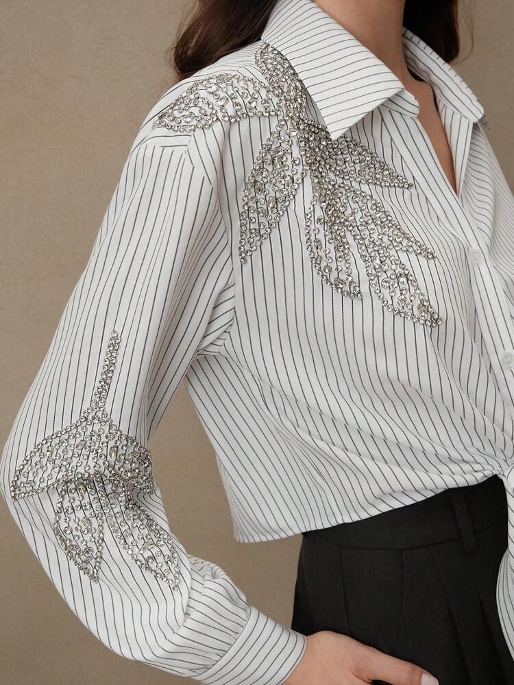 レディース エレガントシティ ラインストーン ストライプ 長袖カラーシャツ