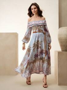 Anewsta Váy Boho dài hở vai họa tiết hoa đi biển, trang phục mùa xuân cho phụ nữ - Nhiều màu - Xem 4