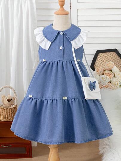 SHEIN Explorewe 年轻女孩休闲牛仔毛衣连衣裙，彼得潘领，无袖，带斜挎包