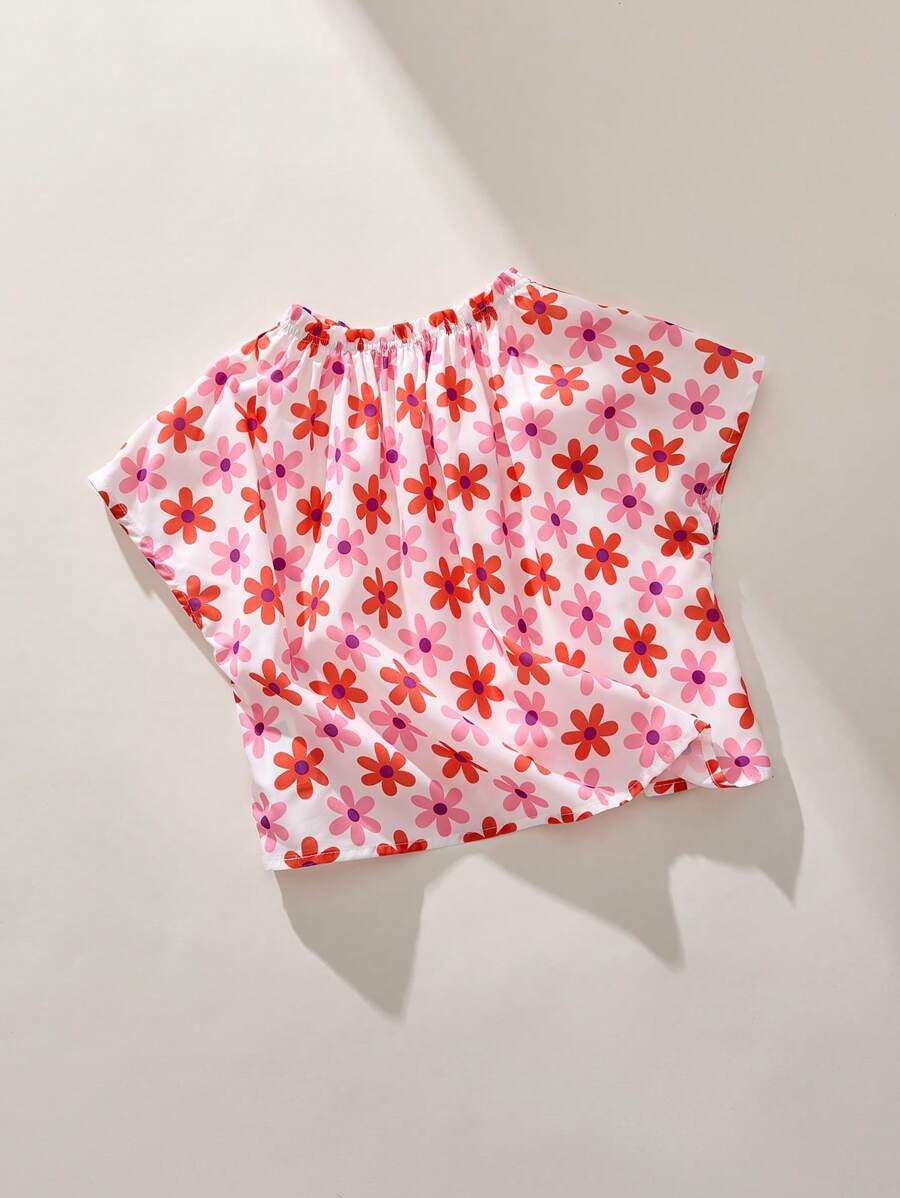 THE HAPPY LOOK Young Girls Floral Print Elastic Ruffle Off Shoulder Loose White Blouse, Vacation Style, Spring - Pink - View 1