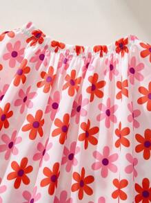 THE HAPPY LOOK Young Girls Floral Print Elastic Ruffle Off Shoulder Loose White Blouse, Vacation Style, Spring - Pink - View 5