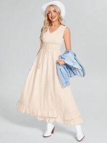 SHEIN LUNE Women's Sleeveless Cream Tasseled Layered Ruffle Hem Dress - Apricot - View 6