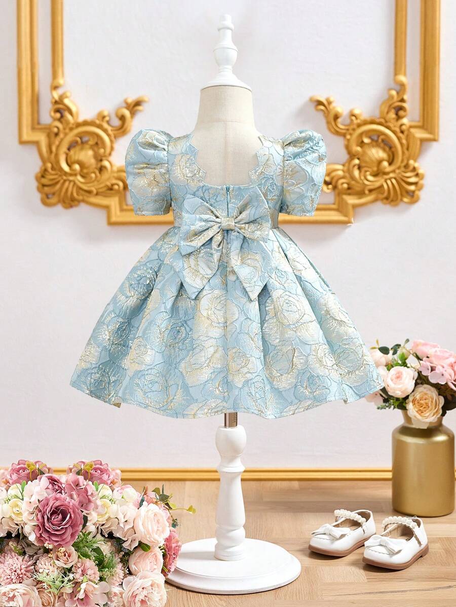 SHEIN Gaun Musim Panas Lengan Pendek Elegan Motif Bunga Lucu untuk Bayi Perempuan - Baby Blue - View 1