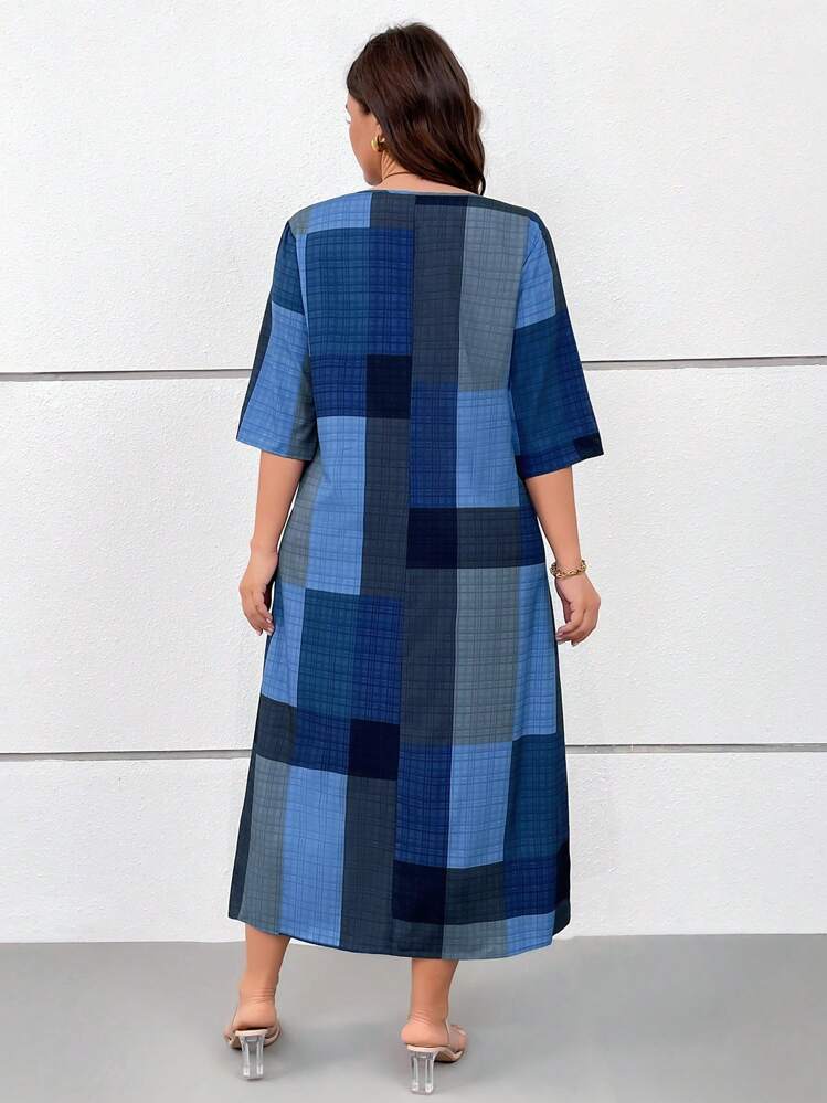 Linhara Plus Size Women Plaid Digital Print Round Neck 3/4 Sleeve Mid-Long Casual/Resort Dress, Spring/Summer - Multicolor - View 2