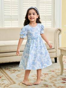 年轻女孩花卉图案圆领短袖柔软舒适休闲睡袍兄弟姐妹装（2 套单独出售） - 藍白色 - 查看 4