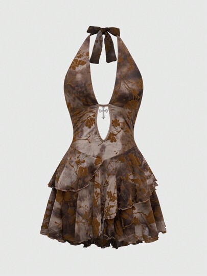 Hippie Women's Y2K Sexy Western Rodeo Cross Decor Halter Neck Tie-Up Back Jacquard Fabric Versatile Mini Dress