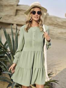 LanaWest 女士纯色前扣长袖褶饰休闲短裙