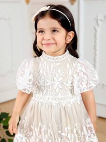 Baby Girl Floral Embroidered Mesh Puff Sleeve Cute Dress - Beige - View 4