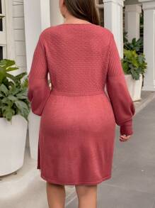 Calvaya Plus Size Solid Color Lantern Sleeve Sweater Dress, Casual Style For Autumn/Winter - Watermelon Pink - View 2