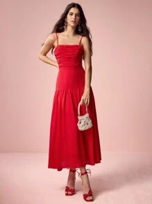 Enchnt Spring /Summer Romantic Women Simple Casual Everyday Red Gathered Trim Sling Long Dress, For Holiday Date Night&Sweet Date Night&Daily Commuting&Vacation&Afternoon Tea&Garden Parties&Graduation Season