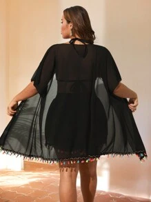 Swim Vcay Summer 2pcs Plus Size Beach Vacation Colorful Tassel Patchwork Kimono Cover Up - Black - View 3