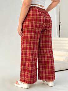 SHEIN EZwear Plus Size Red Plaid Straight Leg Casual Loose Pants - Red - View 2