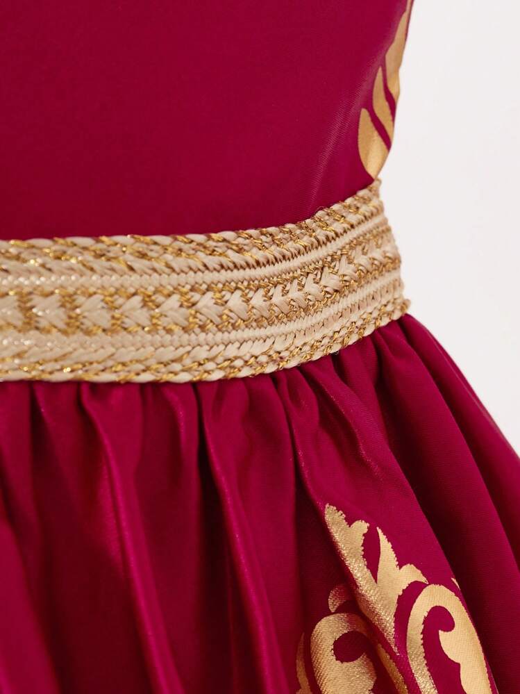 SHEIN 年轻女孩勃艮第中国国庆节束腰外衣 Abaya Kaftan Jalabiya，斋月斋月传统服饰，带有金色图腾箔图案，超长下摆搭配金色腰带，喇叭裙和金色饰边喇叭袖口，优雅而适合派对、郊游和节日 - 酒紅色 - 查看 6