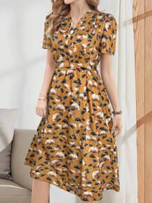 EMERY ROSE Đầm dài tay ngắn cổ chữ V thắt eo thanh lịch, giản dị dành cho nữ - Màu vàng - Xem 4