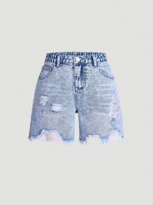 SHEIN Distressed High Waist Slim Fit Frayed Hem Girls Denim Shorts
