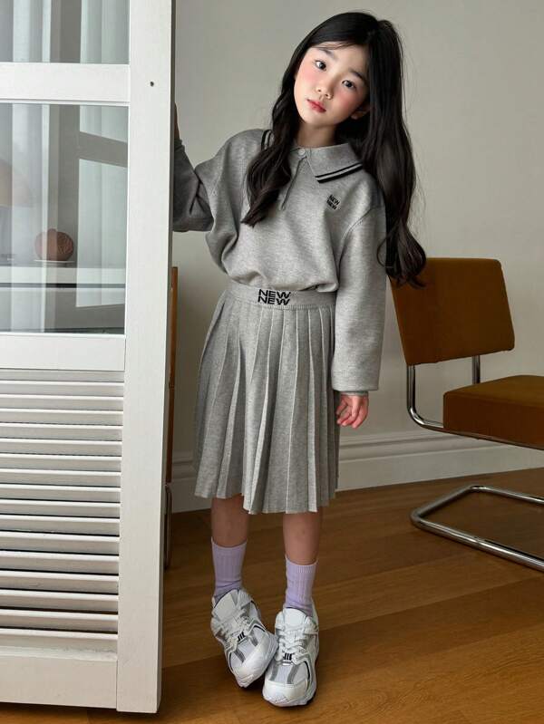 DAZY Tween-Mädchen 2-teiliges Outfit: Pullover mit aufgesticktem Buchstaben und Kragen + gestrickter Faltenrock